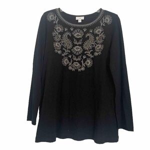 J. Jill Tunic Top Black Embroidered Floral Boho Peasant Sz S Long Sleeve Blouse